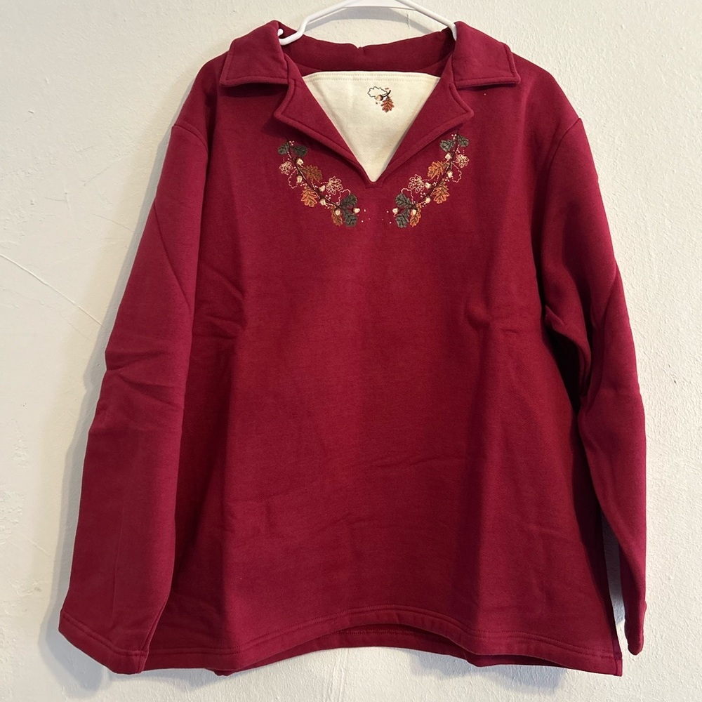 NWOT XL Collections Etc Red‎ Burgandy Floral Leaf Fall Sweater